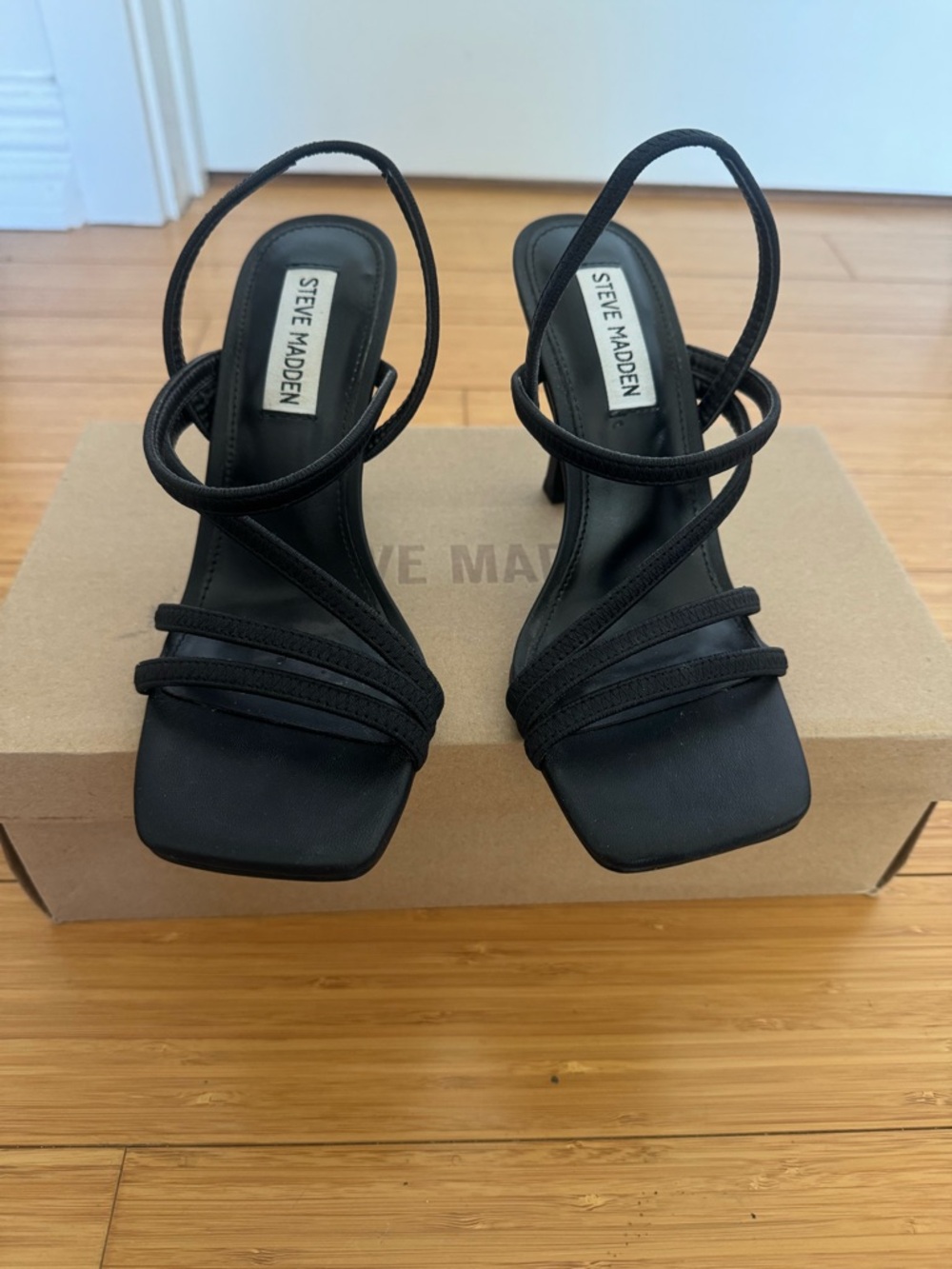 Steve Madden Black Multi-Strap Square-Toe Slingback Heels